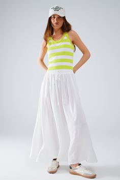 Length: Maxi length. Subcategory: Skirt. Fit: Relaxed fit. Style: Boho. Fabric: Lightweight woven fabric . Waist: Elastic waist. runs true to size. S. 100% Viscose Verde Lima, Flowy Maxi Skirts, Boho Fabric, Wide Stripes, Spring Looks, Estilo Boho, Romper Pants, White Tank Top, White Tank