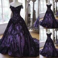 Gothic Black and Purple Wedding Dresses Long Sleeves Corset A Line Bridal Gowns | eBay