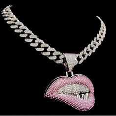 Nib Super Cute & Fashionable Pink & Silver Bling Hip Hop Bite Lip Shape Pendant With Silver Grills. Sparkles Wonderfully When Light Hits It & Compliments Any Outfit Chain Pictured Not Included But Comes With A Silver Beaded Chain! King Attire, Tomgirl Outfit, Pink Chains, Gold Fangs, Bite Lip, Iridescent Decor, Hip Hop Bling, Rustic Cuff, Silver Bling