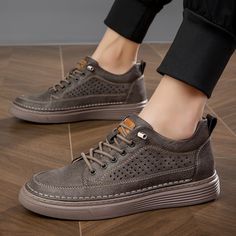 Retro Gray Elevator Perforated Sneakers Boost Taller 2.4 inch / 6 cm European Height Casual Skate Shoes Mens Shoes With Shorts, Shoe Chart, Elevator Shoes, Summer Retro, Casual Heels, Perforated Leather, Men Shoes Size, Skate Shoes, Walk On