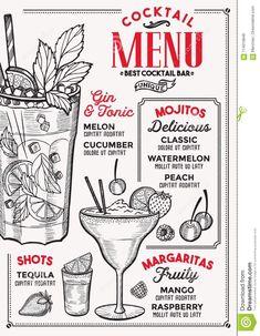 the cocktail menu with drinks and ingredients