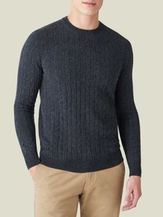 Meticulously knitted in Bergamo, Northern Italy, from luxurious cashmere, this cable-knit jumper elevates the essence of refined elegance from our classic crew neck. The distinguished cable pattern adds rich texture for timeless sophistication. Its slightly tailored design offers comfort and freedom of movement while maintaining a neat, modern fit. With a weight of approximately 300 grams, it’s perfect for effortless wear from autumn to spring.    We are proud to source only the finest A-grade f Fitted Cashmere Cozy Sweater, Merino Wool Cable Knit Long Sleeve Tops, Fitted Cozy Cashmere Sweater, Cozy Fitted Cashmere Sweater, Crew Neck Cashmere Cable Knit Top, Crew Neck Cable Knit Cashmere Top, Winter Cashmere Cable Knit Top, Cable Knit Cashmere Crew Neck Top, Textured Cashmere Sweater For Layering