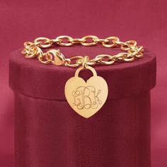 Ross-Simons - Monogram Italian 14kt Yellow Gold Heart Charm Bracelet. 8". Our classic 14kt yellow gold cable link bracelet with a heart charm is a lovely piece that dresses up any ensemble! Charm comes personalized with monogram in block or script. Made in Italy. Lobster clasp, 14kt yellow gold bracelet. Classic Heart-shaped Chain Bracelet As Gift, Classic Heart-shaped Chain Bracelet Gift, Classic Heart Shaped Chain Bracelet As Gift, Elegant Charm Bracelet For Valentine's Day, Elegant Yellow Gold Chain Bracelet For Mother's Day, Elegant Valentine's Day Charm Bracelet, Classic Heart Charm Bracelet, Classic Heart-shaped Gold Bracelet For Anniversary, Luxury Charm Bracelet With Heart Charm As A Gift