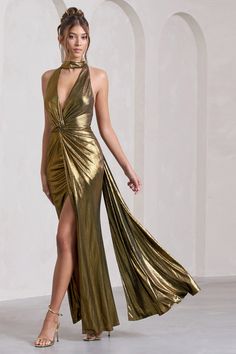 Dress With Drape, Midi Bridesmaid Dress, Gold Maxi Dress, Club L London, Dark Dress, Dare To Dream, Leg Split, Strappy Stilettos, Split Maxi Dress