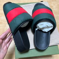 100% Authentic Uk 10 = Us 10.5 New Designer Gucci Slides With Rubber Sole, Designer Slides With Rubber Sole And Round Toe, Designer Slides With Round Toe And Rubber Sole, Casual Leather Gucci Slides, Red Gucci Slides With Branded Insole, Gucci Casual Slip-on Slides, Casual Gucci Slip-on Slides, Luxury Red Gucci Slides, Gucci Casual Flat Slides