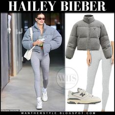 Alo Puffer Jacket, Gray Puffer Jacket Outfit, Gray Long Sleeve Casual Puffer Jacket, Casual Gray Long Sleeve Puffer Jacket, Grey Puffer Jacket Outfit, Hailey Bieber Alo Yoga, Prada Puffer Jacket, Hailey Bieber Fleece, Hailey Bieber Grey Sweatpants