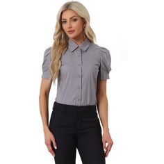 Check out this stylish button-down shirt with a pointed collar, full placket, and puff short sleeves. It's made of lightweight, soft cotton fabric that drapes beautifully and ensures all-day comfort. The short puff sleeves add a feminine touch and detail to any workwear look. Pair this versatile shirt with shorts, work pants, or casual jeans for a chic office ensemble. Collar Work, Peter Pan Collar Blouse, The Office Shirts, Chic Office, Collar Blouse, Work Office, Womens Clothing Sizes, Work Shirts, Linen Women