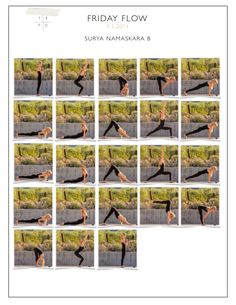 a woman doing yoga poses in front of a wall with the words friday flow on it