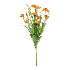 an arrangement of orange flowers on a white background