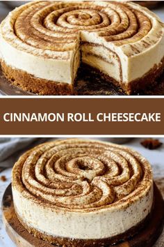 two different images of a cheesecake with cinnamon roll toppings on top and bottom