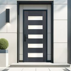 a black and white front door with two planters on the sidewalk next to it