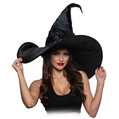 A black Jumbo Curved Witch Hat. Witch Photoshoot, Witch Hats Costume, Black Witch Hat, Witch Diy, Halloween Costume Shop, Black Witch, Halloween Costume Accessories, Halloween Party Supplies, Witch Costume