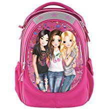 a pink backpack with three girls on it