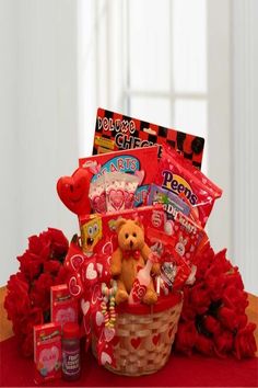 valentine's day gift basket with teddy bear and candy