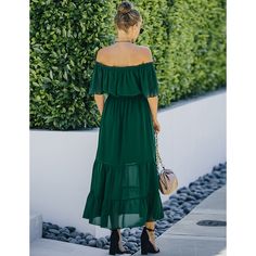 Dark Green Off Shoulder Tie Waist Ruffle Maxi Dress Green Off-shoulder Midi Dress With Ruffles, Green Tiered Chiffon Maxi Dress, Green Off-shoulder Ruffled Midi Dress, Flowy Green Midi Dress With Ruffles, Chiffon Maxi Dress With Ruffles For Day Out, Green Maxi Dress With Ruffle Hem For Day Out, Ruffle Maxi Dress, Maxi Dress Sale, Fashion Bug