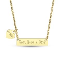 Give your loved one a thoughtful gift with this personalized bar necklace. Your choice of metal. The horizontal bar features your message - 24 characters max - inscribed in an artful script font. Customize the heart-shaped charm with another engraving, 4 characters max. 16.0 to 18.0-inch adjustable rope chain necklace with spring-ring clasp. Rectangular Name Necklace For Mother's Day Anniversary, Custom Name Necklace For Mother's Day, Personalized Engraved Nameplate Necklace, Mother's Day Nameplate Necklace With Engraved Text, Personalized Bar Necklace For Anniversary, Mother's Day Engraved Nameplate Necklace, Engraved Rectangular Bar Necklace For Anniversary, Personalized Nameplate Bar Necklace Gift, Rectangular Engraved Bar Necklace For Anniversary