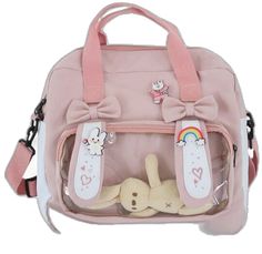 Kawaii Bags For Students, Kawaii Large Capacity Shoulder Backpack, Back To School Kawaii Shoulder Bag With Adjustable Strap, Kawaii Style School Backpack Shoulder Bag, Harajuku Style Bag With Cute Design For Students, Kawaii Shoulder Bag With Adjustable Strap For School, Harajuku Style Backpack With Adjustable Strap For Daily Use, Kawaii Travel Backpack, Pink Portable Kawaii Backpack