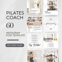 an instagram postcard for pilates coach with photos and text on it