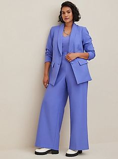 Plus Size Pull-On Wide Leg Studio Refined Crepe High-Rise Pant, PERIWINKLE Luxury Washed Blue Women's Bottoms, Womens Plus Size Pant Suit, Plus Size Trouser Suits, Plus Size Pant Suits Summer, Plus Size Pant Suits Palazzo, Luxury Wide Leg Pants For Summer, Luxury Short Pants For Workwear, Plus Size Woman Pants Suit Shein, Plus Size Formal Blazer