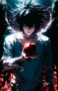 an anime character with black hair holding a red apple