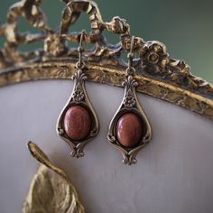 Semi-precious Stone Earrings on a Vintage Victorian Base in Antiqued S | Ragtrader Vintage Rhodonite Jewelry, Tiger Eye Earrings, Aventurine Stone, Cabochons Stones, Agate Jewelry, Eye Earrings, Vintage Victorian, Simple Necklace, Stone Earrings