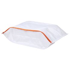 a white bag with an orange stripe on the bottom and inside is sitting on a white surface