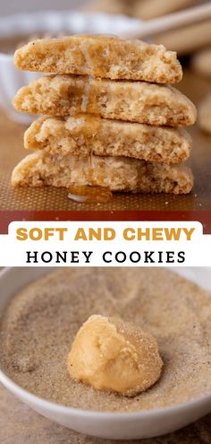 soft and chewy honey cookies in a white bowl with the words, soft and chewy honey cookies