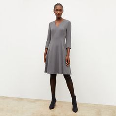 Looking for a low-maintenance work dress? The Erica is a must-try. With a V-neck, ¾-length... Tailored V-neck Spring Dress, Tailored V-neck Dress For Spring, Elegant Fall V-neck Dress For Work, Spring V-neck Dress For Office, A-line V-neck Dress For Fall Workwear, Fitted V-neck Long Sleeve Dress For Work, Formal Fall Midi Dress With 3/4 Length, Spring V-neck Long Sleeve Dress For Work, V-neck Long Sleeve Dress For Spring Workwear