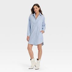 Women's Long Sleeve Mini Shirtdress - Universal Thread™ Blue Striped XL Spring Casual Shirt Dress With Shirttail Hem, Casual Fall Shirt Dress With Shirttail Hem, Collared Cotton Shirt Dress With Pockets, Casual Shirt Dress With Shirttail Hem, Cotton Shirt Dress With Pockets, Casual Shirt Dress With Shirttail Hem For Day Out, Casual Shirt Dress With Relaxed Fit And Shirttail Hem, Casual Fall Dresses With Shirttail Hem, Casual Relaxed Fit Shirt Dress With Shirttail Hem