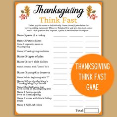 a thanksgiving think fast game with an orange circle