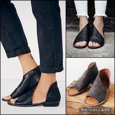 The Free People Slip On Sandals In Black Are Perfect To Pair With Your Favorite Pair Of Jeans. A Swooping Silhouette Turns This Sandal's Open Shank Into Something Irresistibly Attention-Getting! Half D'orsay Silhouette With An Easy Slip-On Wear Style Featuring A Leather Upper, Open-Toe, And A Cushioned Foot Bed With Leather Lining And 1.25" Stacked-Look Heel *Other Color Pics Are For Fit/Style Only Size: 37 (Other Sizes Are For Search Purposes Only) Shaft Height: 20.25” Shaft Top Circumference ( Chic Flat Heel Sandals For Fall, Chic Fall Slip-on Sandals, Casual Open Toe Flats For Fall, Black Open Toe Slingback Sandals For Spring, Spring Black Open Toe Slingback Sandals, Black Leather Flat Slingback Sandals, Black Open Toe Flats With Leather Sole, Chic Fall Sandals With Leather Sole, Black Leather Mules For Summer