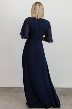 Beautiful flowing chiffon material Fully lined except sleeves Darted bust detail for a tailored fit Kimono style sleeve True wrap style 100% Polyester Marianne is 5'6", size 4 and wearing size S Fashion Tape, Baltic Born, Wrap Maxi Dress, Mob Dresses, Maxi Dress Navy, Chiffon Material, Flattering Dresses, Kimono Style, Feminine Dress