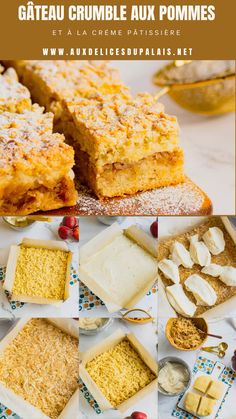 several different types of cakes and desserts with text overlay that reads, gaffaau crumble aux pommes