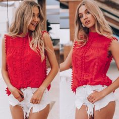 two photos of a woman in red top and white shorts with her hands on her hips