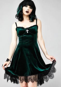 Widow Velvet Cross Mini Dress Emerald – Dolls Kill Velvet Dress Green, Classy Mini Dresses, Kiss Dress, Blind Faith, Frill Dress, Gothic Outfits, Mini Velvet Dress, Mode Inspo, Grunge Style