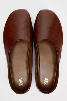 FLAT LEATHER SHOES - Brown | ZARA United States Slip-on Leather Shoes With Closed Toe, Brown Flat Loafers With Leather Footbed, Brown Flats With Rubber Sole And Round Toe, Brown Leather Sole Loafers With Flat Heel, Flats With Rubber Sole And Round Toe, Leather Shoes With Leather Sole And Round Toe, Brown Loafers With Leather Sole And Flat Heel, Round Toe Flats With Rubber Sole, Leather Shoes With Round Toe And Medium Width