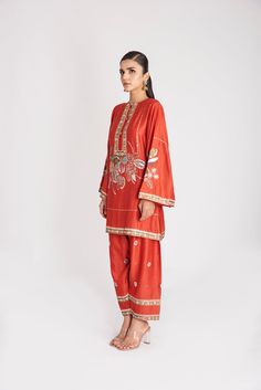 Kinfolk red applique embellished chanderi patiala kurta, pant and organza dupattaFrom Aisha Rao's Kinfolk collection. DELIVERY TIMEPlease allow 6-8 weeks for your outfit to arrive. FABRIC DETAILSChanderi, Organza Professional cleaning only. Change Image, Professional Cleaning, 8 Weeks, Body Measurements, Red, Fabric