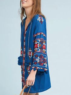 Casual style. Bomber 3/4 long sleeve. European design. Short dress. 100% cotton. V- neck. Colors embroidery details . Pull on. Color may be lighter or darker depending the device it is displayed. Blue Boho Dress, Dress With Fringe, Daisy Dress, Floral Shirt Dress, Loose Fitting Dresses, Blue Embroidery, European Designs, Jewel Neck, Long Sleeve Midi