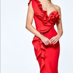 Tarik Ediz One Shoulder Ruffle Evening Gown Tarik Ediz Dresses, Tarik Ediz, Evening Gown, Evening Gowns, One Shoulder, Maxi Dress, Size 6, Womens Dresses, Red