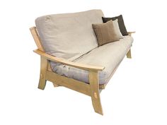 a wooden couch with two pillows on it's back and the seat upholstered