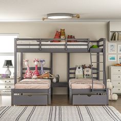 two children's bunk beds in a room with white walls and carpeted flooring