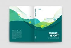 an annual report is shown in this brochure style, with green and white wavy shapes