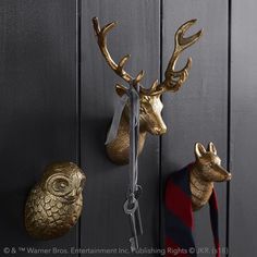 two brass deer head hooks hang on the wall next to an owl mask and tie bar