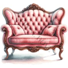 an old fashioned pink couch on a white background