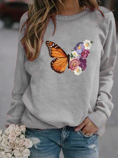 Flower Butterfly Print Long Sleeve Sweatshirt for Women Gray Crew Neck Sweatshirt For Spring, Long Sleeve Tops With Butterfly Print For Fall, Spring Long-sleeve Tops With Butterfly Print, Spring Long Sleeve Tops With Butterfly Print, Spring Butterfly Print Long Sleeve Tops, Spring Crew Neck Top With Butterfly Print, Gray Letter Print Sweatshirt For Spring, Trendy Teen Fashion, Vintage Dragonfly