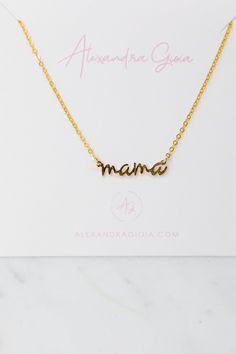 This name plate necklace is the perfect gift for any mama. Crafted from gold filled metal, and featuring a stunning script font, this necklace is sure to become an everyday favorite. Details:Gold FilledChoose from 16" or 18" chain Your jewels will arrive in one of our velvet gift pouches. Perfect for gifting, storing your delicate jewels at home or traveling on your next getaway! Custom Name Necklace For Everyday Use, Meaningful Custom Name Necklaces For Everyday, Personalized Gold Necklaces With Meaningful Style, Meaningful Personalized Gold Necklaces, Everyday Gold Charm Necklace With Custom Name, Everyday Adjustable Gold Name Necklace, Gold Necklace With Name In Meaningful Style, Personalized Meaningful Gold Necklaces, Personalized Gold Necklaces