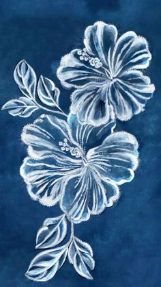 two white flowers on a blue background with watercolors in the bottom right corner