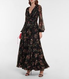 Floral silk georgette maxi dress in black - Giambattista Valli | Mytheresa Cocktail Georgette Maxi Dress, Fitted Silk Chiffon V-neck Maxi Dress, Silk Maxi Dress With Sheer Sleeves For Evening, Elegant Embroidered Georgette Maxi Dress, Flowy Ruched Maxi Dress For Cocktail, Flowy Ruched Maxi Dress For Cocktail Events, Floral Print Silk Chiffon Floor-length Maxi Dress, Formal Silk Maxi Dress With Sheer Sleeves, Floor-length Silk Chiffon Maxi Dress With Floral Print