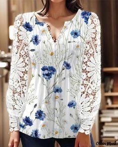 Olivia Mark - Elegante Camiseta de Manga Larga con Cuello en V y Estampado de Encaje Women Lace Blouse, Casual Shirt Women, Autumn Clothes, Floral Sleeve, Pleated Blouse, Lace Print, Collars For Women, Women Shirts Blouse, Mongolia