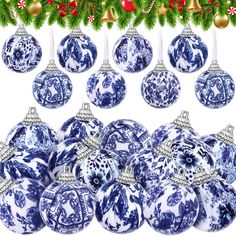 blue and white christmas ornaments hanging from a tree